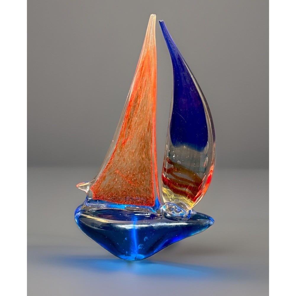 Vintage Murano Style Art Glass Sailboat Figurine Blue Orange Sculpture MCM GUC